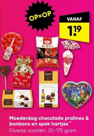 Aanbiedingen Moederdag chocolade pralines + bonbons en spek hartjes - Huismerk - Big Bazar - Geldig van 24/04/2023 tot 07/05/2023 bij Big Bazar