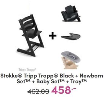 Aanbiedingen Stokke tripp trapp black + newborn set + baby set + tray - Stokke - Geldig van 30/04/2023 tot 06/05/2023 bij Baby & Tiener Megastore