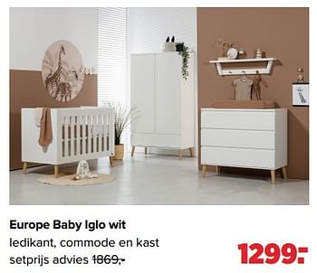 Aanbiedingen Europe baby iglo wit ledikant, commode en kast - Europe baby - Geldig van 01/05/2023 tot 03/06/2023 bij Baby-Dump
