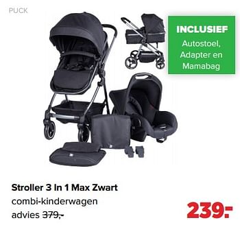 Aanbiedingen Puck stroller 3 in 1 max zwart combi-kinderwagen - Puck - Geldig van 01/05/2023 tot 03/06/2023 bij Baby-Dump