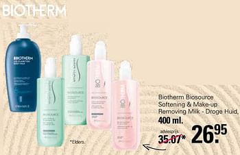 Aanbiedingen Biotherm biosource softening + make-up removing milk - droge huid - Biotherm - Geldig van 28/04/2023 tot 15/05/2023 bij De Online Drogist