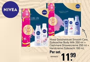 Aanbiedingen Nivea geschenkset smooth care zijdezachte body milk + cashmere showercreme + handcreme zijdezacht - Nivea - Geldig van 28/04/2023 tot 15/05/2023 bij De Online Drogist