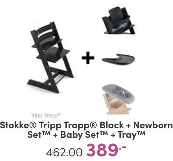 Aanbiedingen Stokke tripp trapp black + newborn set + baby set + tray - Stokke - Geldig van 14/05/2023 tot 20/05/2023 bij Baby & Tiener Megastore