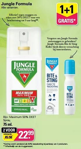 Aanbiedingen Maximum 50% deet spray - Jungle Formula - Geldig van 17/05/2023 tot 03/06/2023 bij De Online Drogist