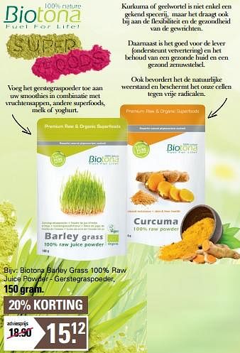 Aanbiedingen Biotona barley grass 100% raw juice powder - gerstegraspoeder - Biotona - Geldig van 17/05/2023 tot 03/06/2023 bij De Online Drogist
