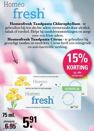 Aanbiedingen Homeofresh tandpasta chlorophyllum - Homeofresh - Geldig van 17/05/2023 tot 03/06/2023 bij De Online Drogist