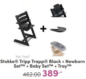 Aanbiedingen Stokke tripp trapp black + newborn set + baby set + tray - Stokke - Geldig van 04/06/2023 tot 10/06/2023 bij Baby & Tiener Megastore