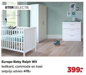 Aanbiedingen Europe baby ralph wit ledikant, commode en kast 399.- - Europe baby - Geldig van 05/06/2023 tot 01/07/2023 bij Baby-Dump