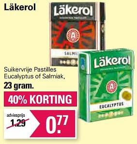Aanbiedingen Suikervrije pastilles eucalyptus of salmiak - Lakerol - Geldig van 21/06/2023 tot 08/07/2023 bij De Online Drogist