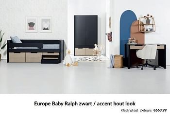 Aanbiedingen Europe baby ralph zwart - accent hout look kledingkast 2-deurs - Europe baby - Geldig van 20/06/2023 tot 17/07/2023 bij Babypark