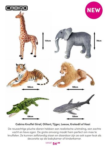 Aanbiedingen Cabino knuffel giraf, olifant, tijger, leeuw, krokodil of haai - Cabino - Geldig van 27/08/2023 tot 02/09/2023 bij Baby & Tiener Megastore