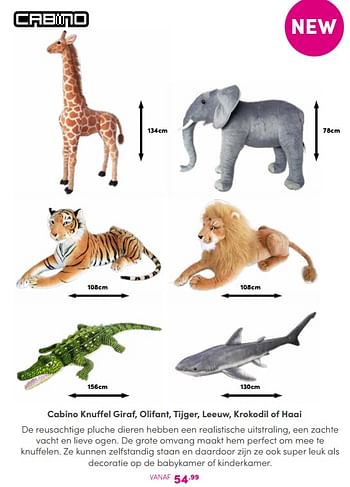 Aanbiedingen Cabino knuffel giraf, olifant, tijger, leeuw, krokodil of haai - Cabino - Geldig van 03/09/2023 tot 09/09/2023 bij Baby & Tiener Megastore
