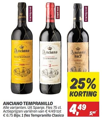 Aanbiedingen Anciano tempranillo - Rode wijnen - Geldig van 03/09/2023 tot 09/09/2023 bij Deka Markt