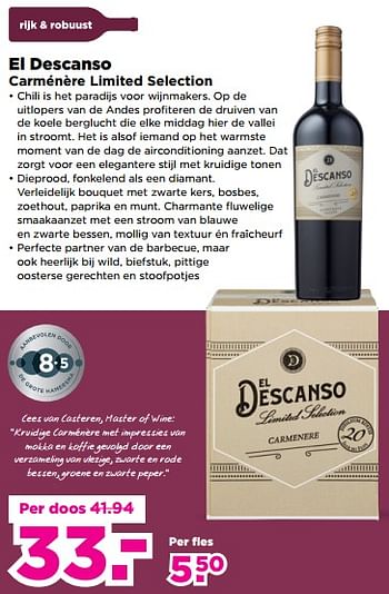 Aanbiedingen El descanso carménère limited selection - Rode wijnen - Geldig van 03/09/2023 tot 09/09/2023 bij Plus