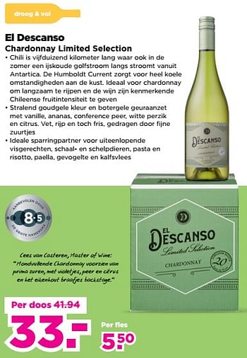 Aanbiedingen El descanso chardonnay limited selection - Witte wijnen - Geldig van 03/09/2023 tot 09/09/2023 bij Plus