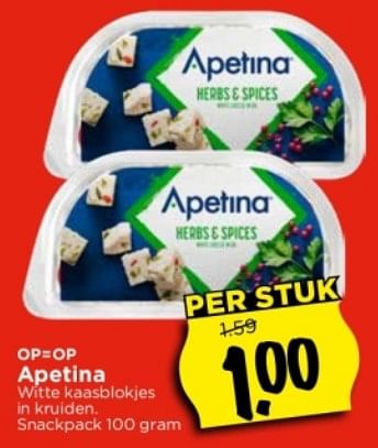Aanbiedingen Apetina witte kaasblokjes in kruiden - apetina - Geldig van 03/09/2023 tot 09/09/2023 bij Vomar