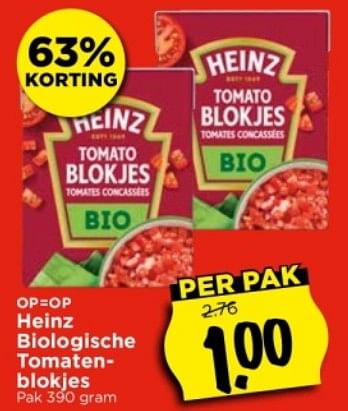 Aanbiedingen Heinz biologische tomaten- blokjes - Heinz - Geldig van 03/09/2023 tot 09/09/2023 bij Vomar