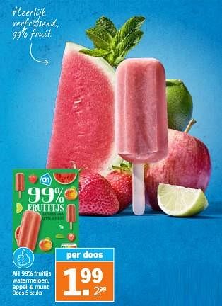Aanbiedingen Ah 99% fruitijs watermeloen, appel + munt - Huismerk - Albert Heijn - Geldig van 04/09/2023 tot 10/09/2023 bij Albert Heijn