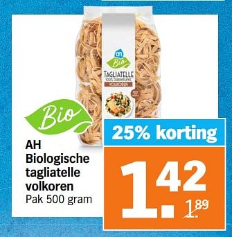 Aanbiedingen Ah biologische tagliatelle volkoren - Huismerk - Albert Heijn - Geldig van 04/09/2023 tot 10/09/2023 bij Albert Heijn