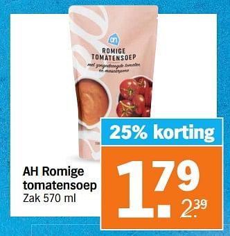 Aanbiedingen Ah romige tomatensoep - Huismerk - Albert Heijn - Geldig van 04/09/2023 tot 10/09/2023 bij Albert Heijn