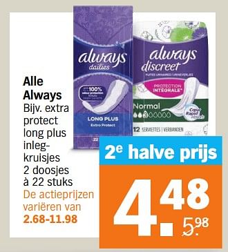 Aanbiedingen Extra protect long plus inlegkruisjes - Always - Geldig van 04/09/2023 tot 10/09/2023 bij Albert Heijn