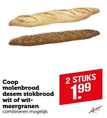 Aanbiedingen Coop molenbrood desem stokbrood wit of witmeergranen - Huismerk - Coop - Geldig van 04/09/2023 tot 10/09/2023 bij Coop