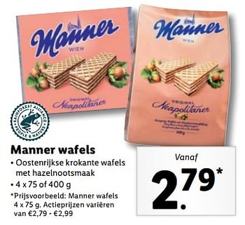 Aanbiedingen Manner wafels - Manner - Geldig van 04/09/2023 tot 10/09/2023 bij Lidl