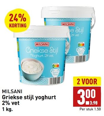 Aanbiedingen Griekse stijl yoghurt - Milsani - Geldig van 04/09/2023 tot 10/09/2023 bij Aldi