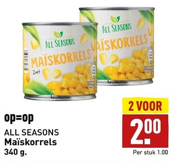 Aanbiedingen Maïskorrels - All Seasons - Geldig van 04/09/2023 tot 10/09/2023 bij Aldi