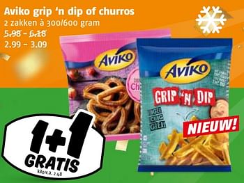 Aanbiedingen Aviko grip ‘n dip of churros - Aviko - Geldig van 04/09/2023 tot 10/09/2023 bij Poiesz