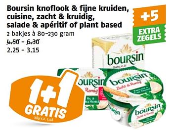 Aanbiedingen Boursin knoflook + fijne kruiden, cuisine, zacht + kruidig, salade + apéritif of plant based - Boursin - Geldig van 04/09/2023 tot 10/09/2023 bij Poiesz