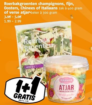 Aanbiedingen Roerbakgroenten champignons, fijn, oosters, chinees of italiaans of verse atjar - Huismerk Poiesz - Geldig van 04/09/2023 tot 10/09/2023 bij Poiesz