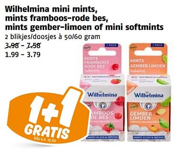 Aanbiedingen Wilhelmina mini mints, mints framboos-rode bes, mints gember-limoen of mini softmints - Wilhelmina - Geldig van 04/09/2023 tot 10/09/2023 bij Poiesz