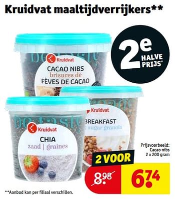 Aanbiedingen Kruidvat maaltijdverrijkers cacao nibs - Huismerk - Kruidvat - Geldig van 05/09/2023 tot 10/09/2023 bij Kruidvat