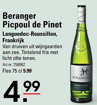 Aanbiedingen Beranger picpoul de pinet languedoc-roussillon, frankrijk - Witte wijnen - Geldig van 24/08/2023 tot 11/09/2023 bij Sligro
