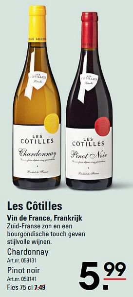 Aanbiedingen Les côtilles vin de france, frankrijk chardonnay - Witte wijnen - Geldig van 24/08/2023 tot 11/09/2023 bij Sligro