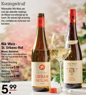 Aanbiedingen Nik weis - st. urbans-hof mosel, duitsland urban riesling - Witte wijnen - Geldig van 24/08/2023 tot 11/09/2023 bij Sligro