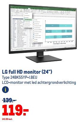 Aanbiedingen Lg full hd monitor 24bk55yp-i.beu - LG - Geldig van 30/08/2023 tot 12/09/2023 bij Makro