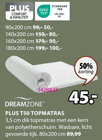 Aanbiedingen Plus t50 topmatras - DreamZone - Geldig van 04/09/2023 tot 17/09/2023 bij Jysk