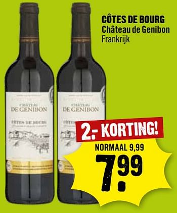 Aanbiedingen Côtes de bourg château de genibon frankrijk - Rode wijnen - Geldig van 06/09/2023 tot 12/09/2023 bij Dirk III