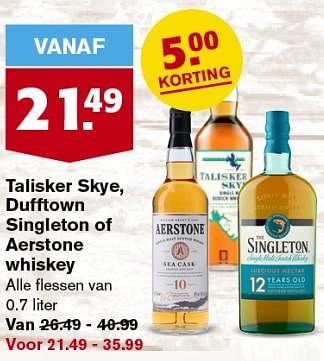 Aanbiedingen Talisker skye, dufftown singleton of aerstone whiskey - Huismerk - Hoogvliet - Geldig van 06/09/2023 tot 12/09/2023 bij Hoogvliet