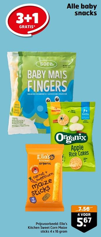 Aanbiedingen Baby snacks kitchen sweet corn maize sticks - Huismerk - Trekpleister - Geldig van 05/09/2023 tot 17/09/2023 bij Trekpleister