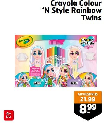 Aanbiedingen Crayola colour ‘n style rainbow twins - Crayola - Geldig van 05/09/2023 tot 17/09/2023 bij Trekpleister