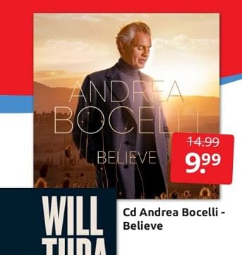 Aanbiedingen Cd andrea bocelli - believe - Huismerk - Boekenvoordeel - Geldig van 09/09/2023 tot 17/09/2023 bij Boekenvoordeel