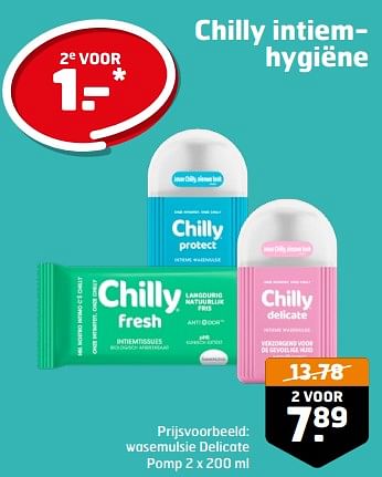 Aanbiedingen Chilly intiemhygiëne wasemulsie delicate pomp - Chilly - Geldig van 05/09/2023 tot 17/09/2023 bij Trekpleister