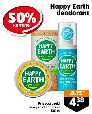Aanbiedingen Deospray cedar lime - Happy Earth - Geldig van 05/09/2023 tot 17/09/2023 bij Trekpleister