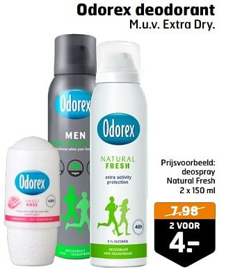 Aanbiedingen Deospray natural fresh - Odorex - Geldig van 05/09/2023 tot 17/09/2023 bij Trekpleister