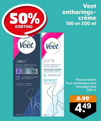 Aanbiedingen Pure ontharingscrème gevoelige huid - Veet - Geldig van 05/09/2023 tot 17/09/2023 bij Trekpleister