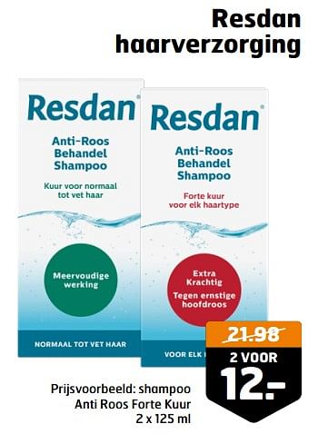Aanbiedingen Shampoo anti roos forte kuur - Resdan - Geldig van 05/09/2023 tot 17/09/2023 bij Trekpleister