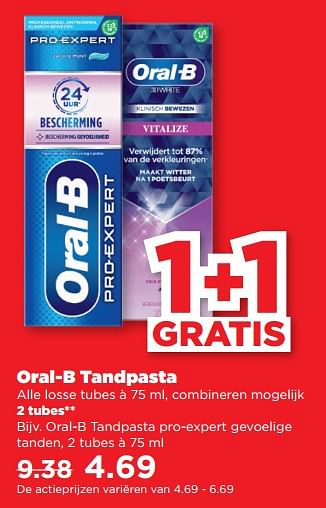 Aanbiedingen Oral-b tandpasta pro-expert gevoelige tanden - Oral-B - Geldig van 10/09/2023 tot 16/09/2023 bij Plus